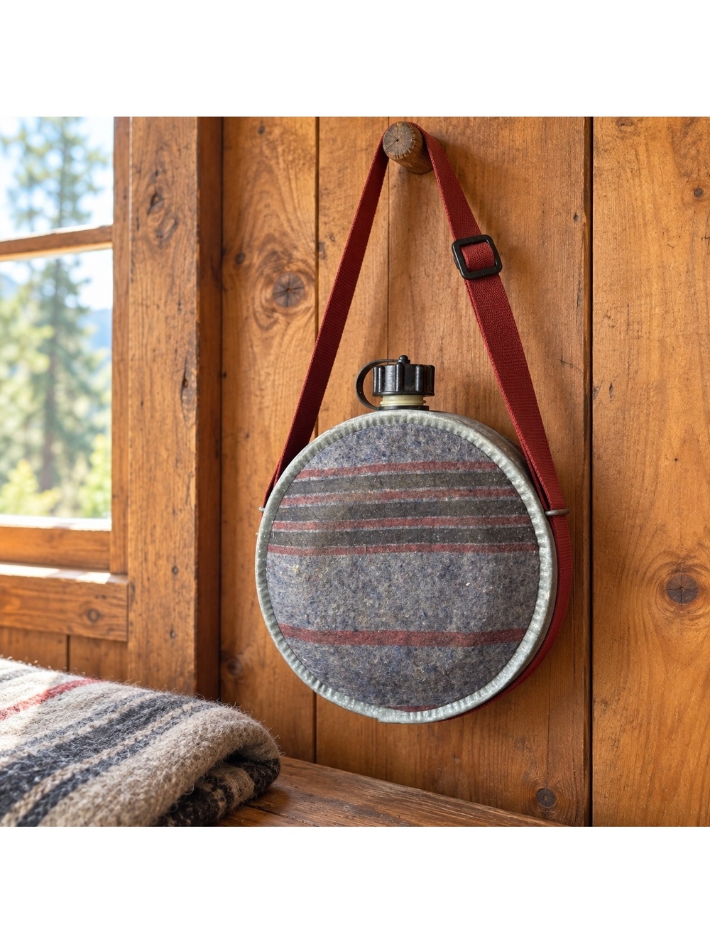 Vintage Round Metal Canteen Felt Cover Red Strap Camping Hiking Decor